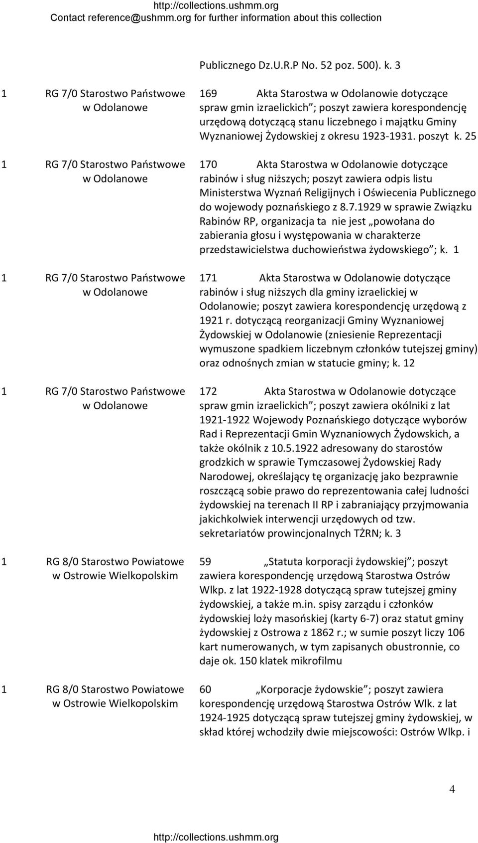 Ostrowie Wielkopolskim 1 RG 8/0 Starostwo Powiatowe w Ostrowie Wielkopolskim 169 Akta Starostwa w Odolanowie dotyczące spraw gmin izraelickich ; poszyt zawiera korespondencję urzędową dotyczącą stanu