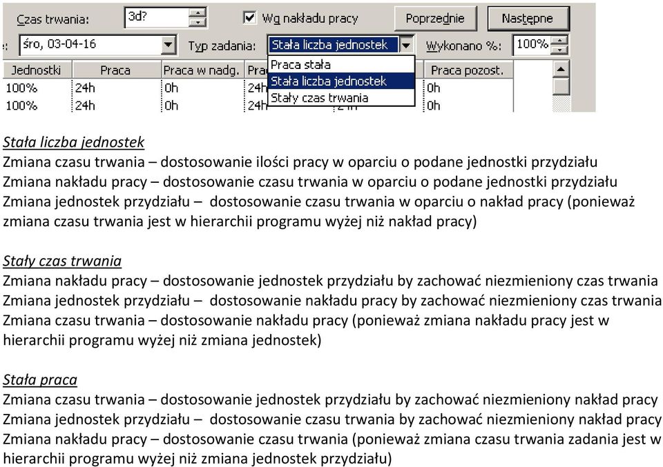 zachować niezmieniony czas Zmiana jednostek przydziału dostosowanie nakładu pracy by zachować niezmieniony czas Zmiana czasu dostosowanie nakładu pracy (ponieważ zmiana nakładu pracy jest w