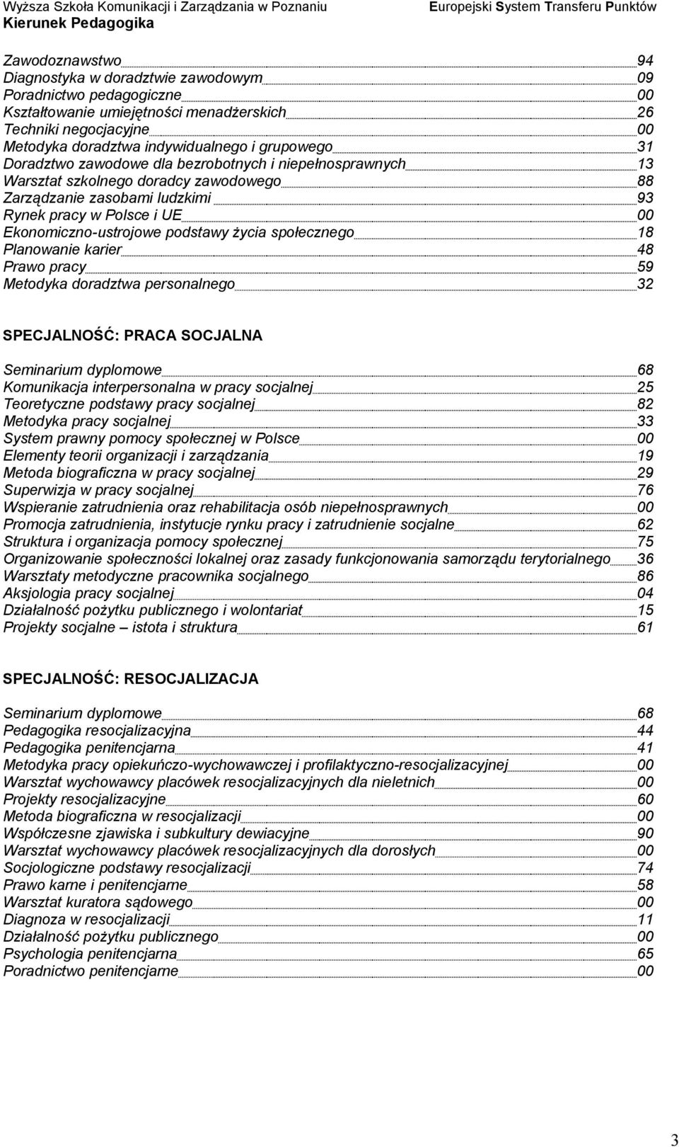 życia społecznego 18 Planowanie karier 48 Prawo pracy 59 Metodyka doradztwa personalnego 32 SPECJALNOŚĆ: PRACA SOCJALNA Seminarium dyplomowe 68 Komunikacja interpersonalna w pracy socjalnej 25