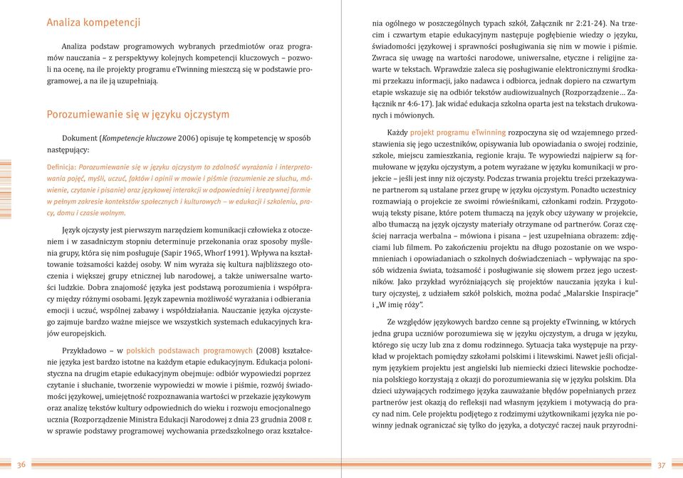 Porozumiewanie się w języku ojczystym Dokument (Kompetencje kluczowe 2006) opisuje tę kompetencję w sposób następujący: Definicja: Porozumiewanie się w języku ojczystym to zdolność wyrażania i