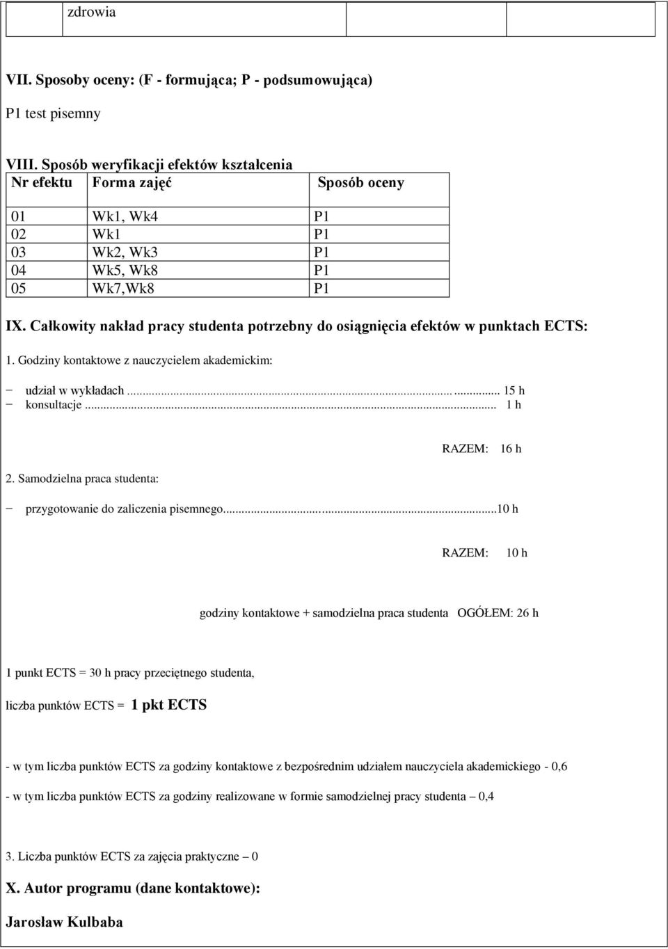 Całkowity nakład pracy studenta potrzebny do osiągnięcia efektów w punktach ECTS: 1. Godziny kontaktowe z nauczycielem akademickim: udział w wykładach...... 15 h konsultacje... 1 h RAZEM: 16 h 2.