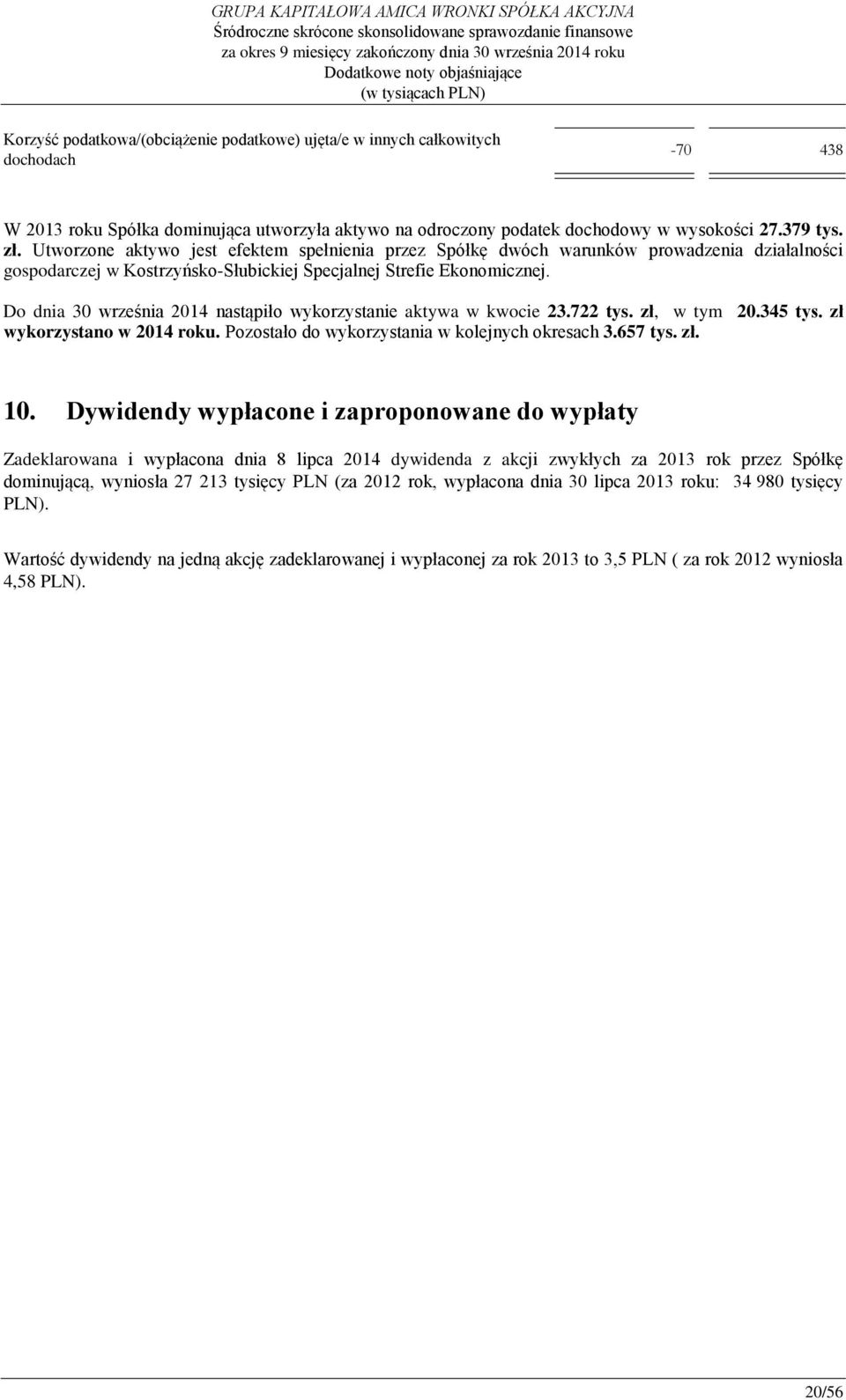 Do dnia 30 września 2014 nastąpiło wykorzystanie aktywa w kwocie 23.722 tys. zł, w tym 20.345 tys. zł wykorzystano w 2014 roku. Pozostało do wykorzystania w kolejnych okresach 3.657 tys. zł. 10.