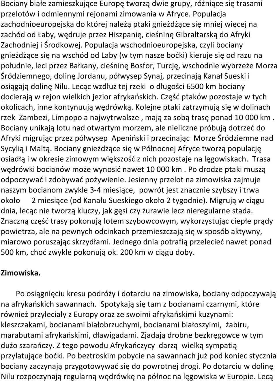 Populacja wschodnioeuropejska, czyli bociany gnieżdżące się na wschód od Laby (w tym nasze boćki) kieruje się od razu na południe, leci przez Bałkany, cieśninę Bosfor, Turcję, wschodnie wybrzeże