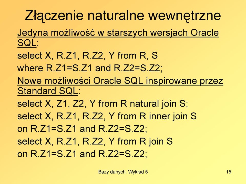 Z2; Nowe możliwości Oracle SQL inspirowane przez Standard SQL: select X, Z1, Z2, Y from R natural join