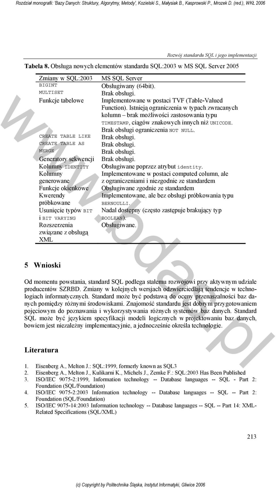 Istnieją ograniczenia w typach zwracanych kolumn brak możliwości zastosowania typu TIMESTAMP, ciągów znakowych innych niż UNICODE. Brak obsługi ograniczenia NOT NULL. CREATE TABLE LIKE Brak obsługi.