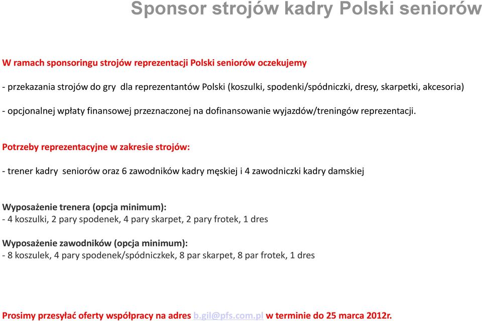 Potrzeby reprezentacyjne w zakresie strojów: - trener kadry seniorów oraz 6 zawodników kadry męskiej i 4 zawodniczki kadry damskiej Wyposażenie trenera (opcja minimum): - 4 koszulki, 2 pary