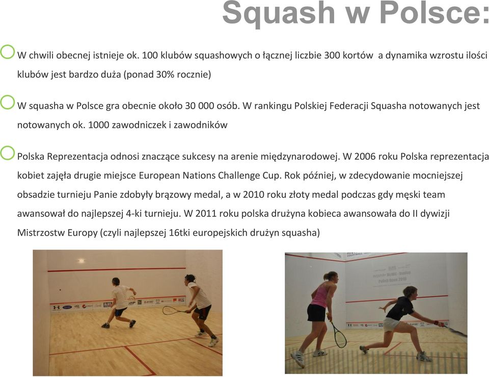 W rankingu Polskiej Federacji Squasha notowanych jest notowanych ok. 1000 zawodniczek i zawodników opolska Reprezentacja odnosi znaczące sukcesy na arenie międzynarodowej.