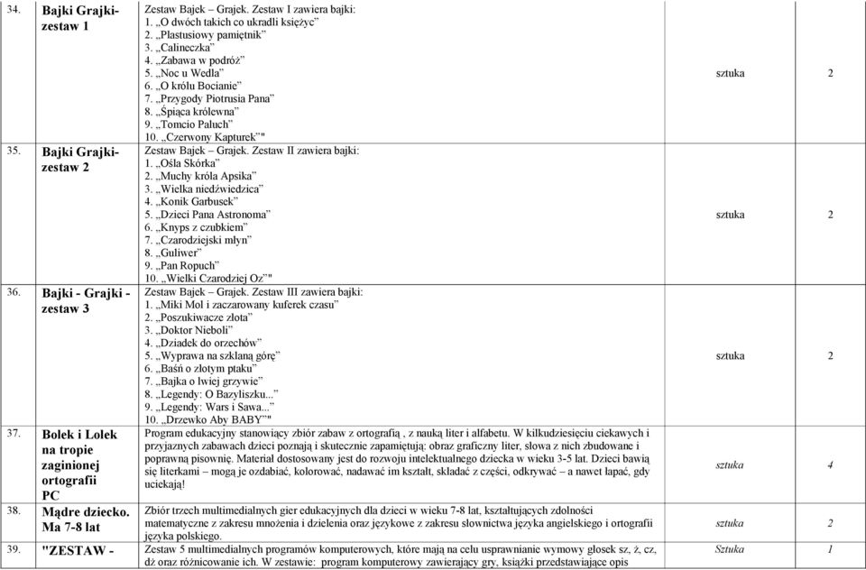 Śpiąca królewna 9. Tomcio Paluch 10. Czerwony Kapturek " Zestaw Bajek Grajek. Zestaw II zawiera bajki: 1. Ośla Skórka 2. Muchy króla Apsika 3. Wielka niedźwiedzica 4. Konik Garbusek 5.