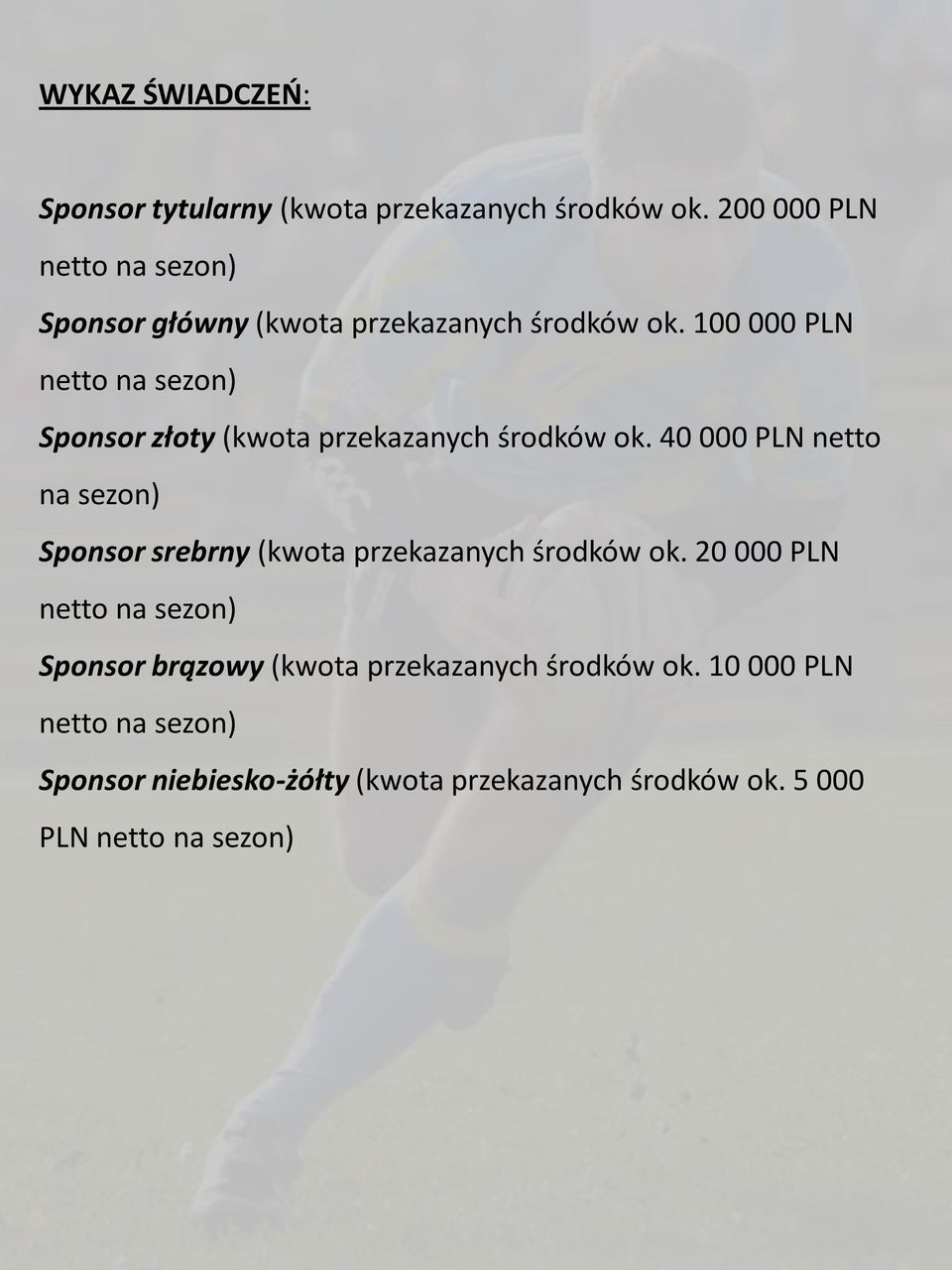 100 000 PLN netto na sezon) Sponsor złoty (kwota przekazanych środków ok.