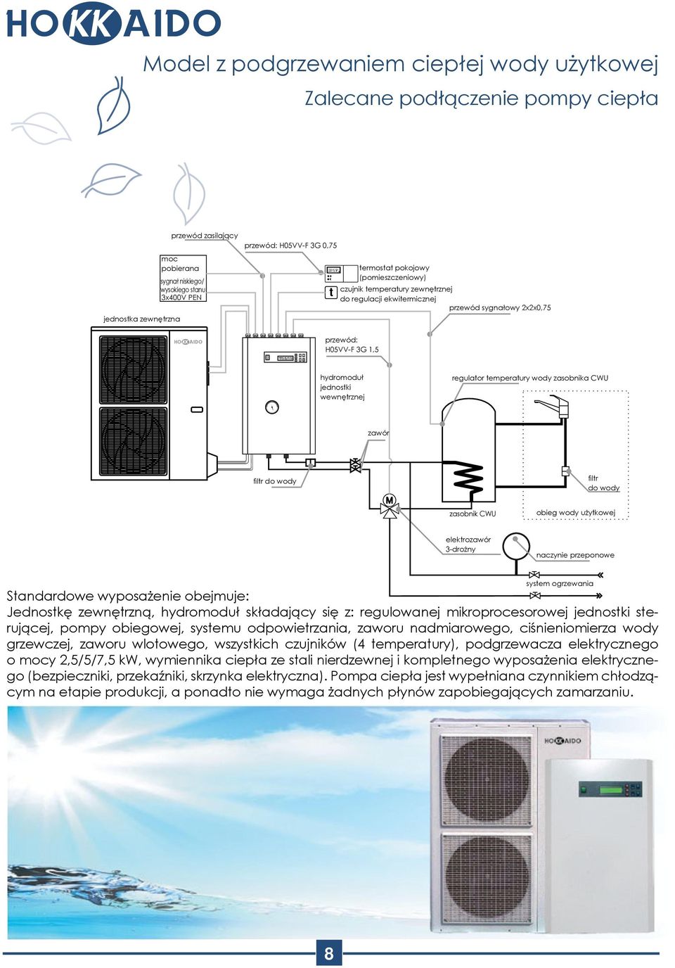 temperatury wody zasobnika CWU zawór filtr do wody zasobnik CWU obieg wody użytkowej elektrozawór 3-drożny naczynie przeponowe system ogrzewania Standardowe wyposażenie obejmuje: Jednostkę