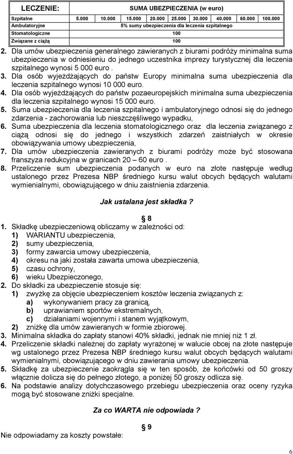 Dla umów ubezpieczenia generalnego zawieranych z biurami podróży minimalna suma ubezpieczenia w odniesieniu do jednego uczestnika imprezy turystycznej dla leczenia szpitalnego wynosi 5 000 euro. 3.