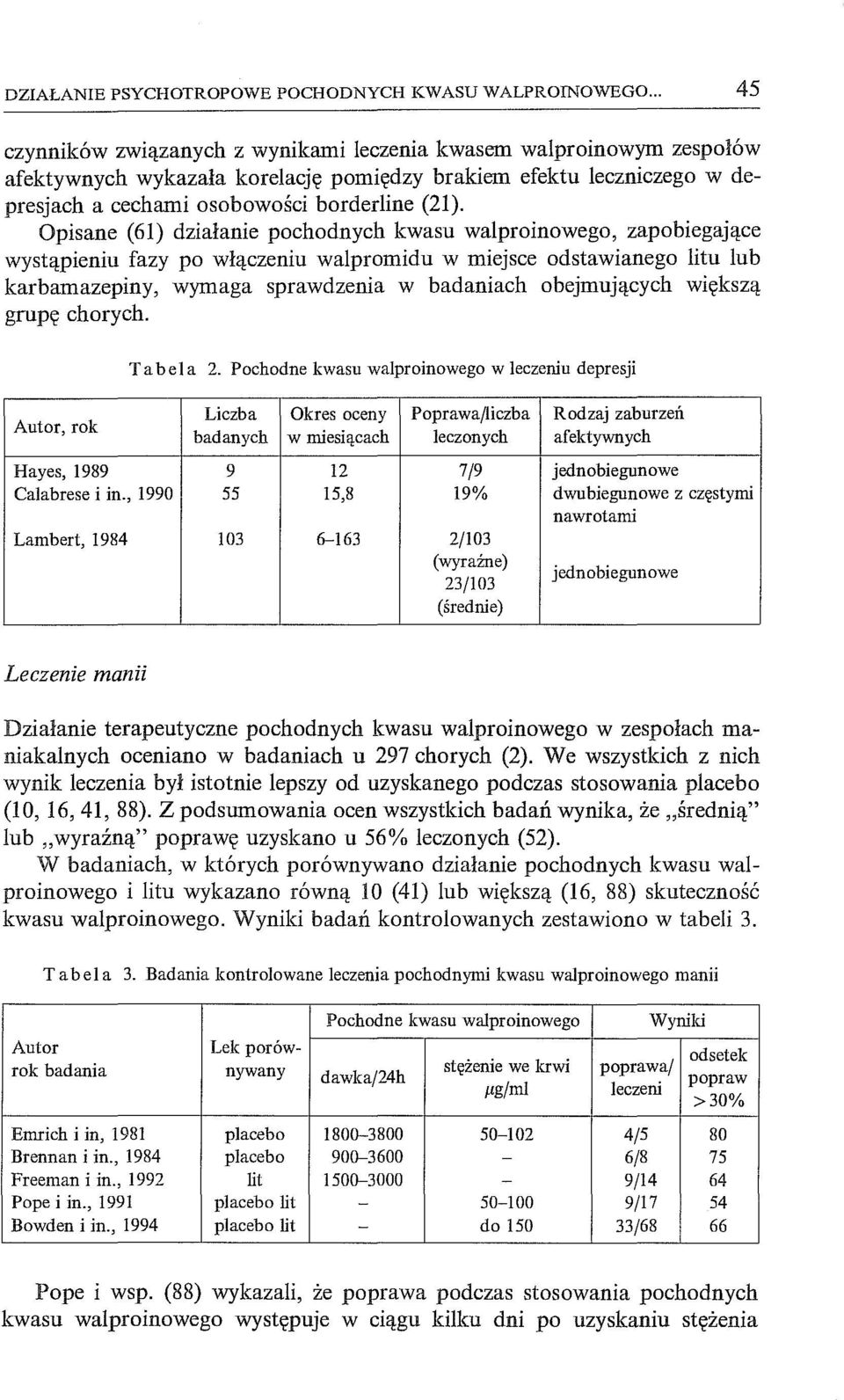 Opisane (61) działanie pochodnych kwasu walproinowego, zapobiegające wystąpieniu fazy po włączeniu walpromidu w miejsce odstawianego litu lub karbamazepiny, wymaga sprawdzenia w badaniach