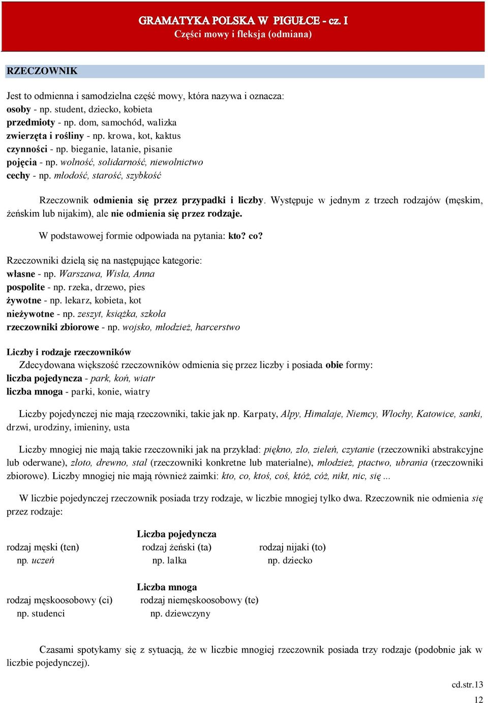 młodość, starość, szybkość Rzeczownik odmienia się przez przypadki i liczby. Występuje w jednym z trzech rodzajów (męskim, żeńskim lub nijakim), ale nie odmienia się przez rodzaje.