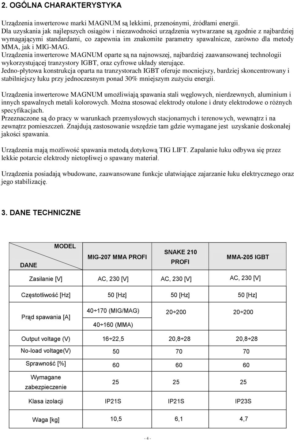 jak i MIG-MAG. Urządzenia inwerterowe MAGNUM oparte są na najnowszej, najbardziej zaawansowanej technologii wykorzystującej tranzystory IGBT, oraz cyfrowe układy sterujące.