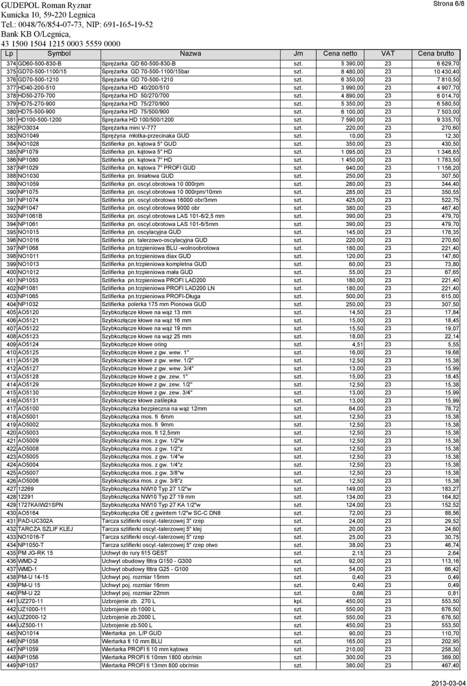 3 990,00 23 4 907,70 378 HD50-270-700 Sprężarka HD 50/270/700 szt. 4 890,00 23 6 014,70 379 HD75-270-900 Sprężarka HD 75/270/900 szt. 5 350,00 23 6 580,50 380 HD75-500-900 Sprężarka HD 75/500/900 szt.