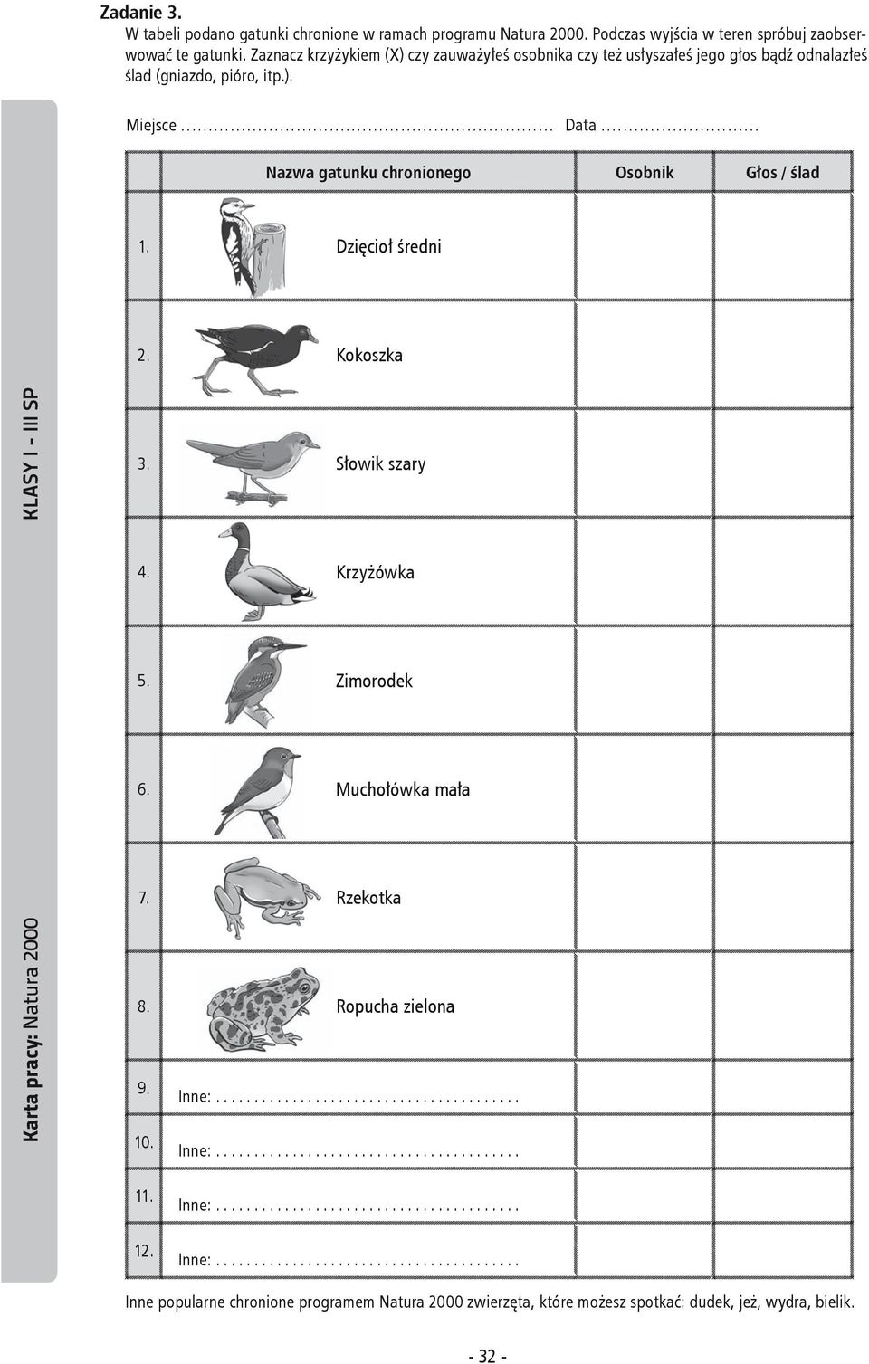 .. Nazwa gatunku chronionego Osobnik Głos / ślad 1. Dzięcioł średni 2. Kokoszka Karta pracy: Natura 2000 klasy i - iii sp 3. Słowik szary 4. Krzyżówka 5.