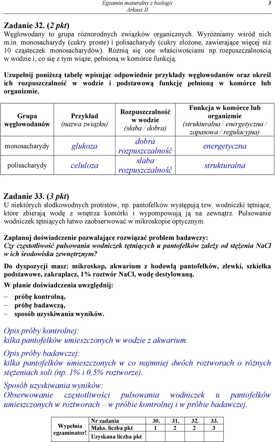 Uzupełnij poniższą tabelę wpisując odpowiednie przykłady węglowodanów oraz określ ich rozpuszczalność w wodzie i podstawową funkcję pełnioną w komórce lub organizmie.