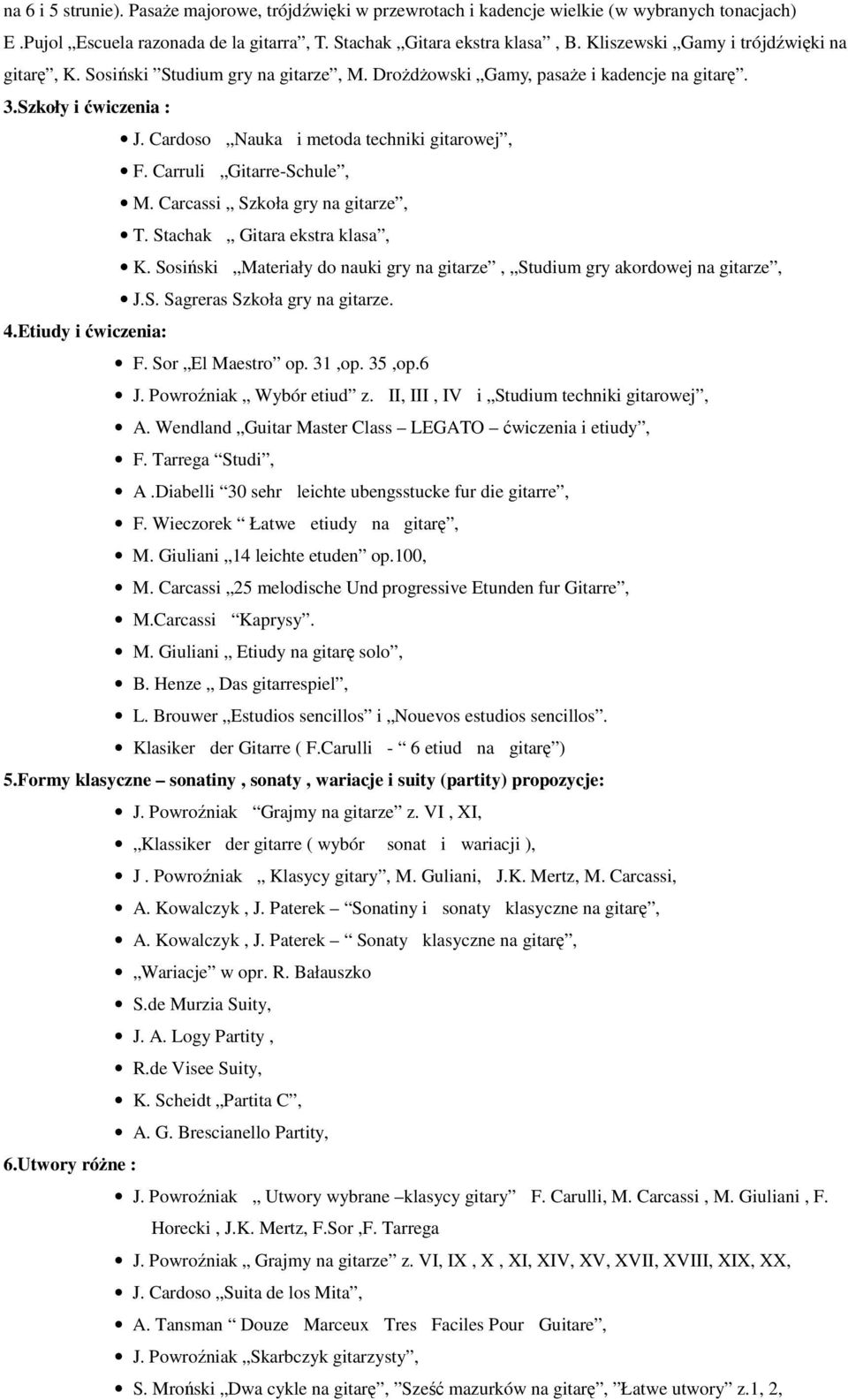 Carruli Gitarre-Schule, M. Carcassi Szkoła gry na gitarze, T. Stachak Gitara ekstra klasa, K. Sosiński Materiały do nauki gry na gitarze, Studium gry akordowej na gitarze, J.S. Sagreras Szkoła gry na gitarze.