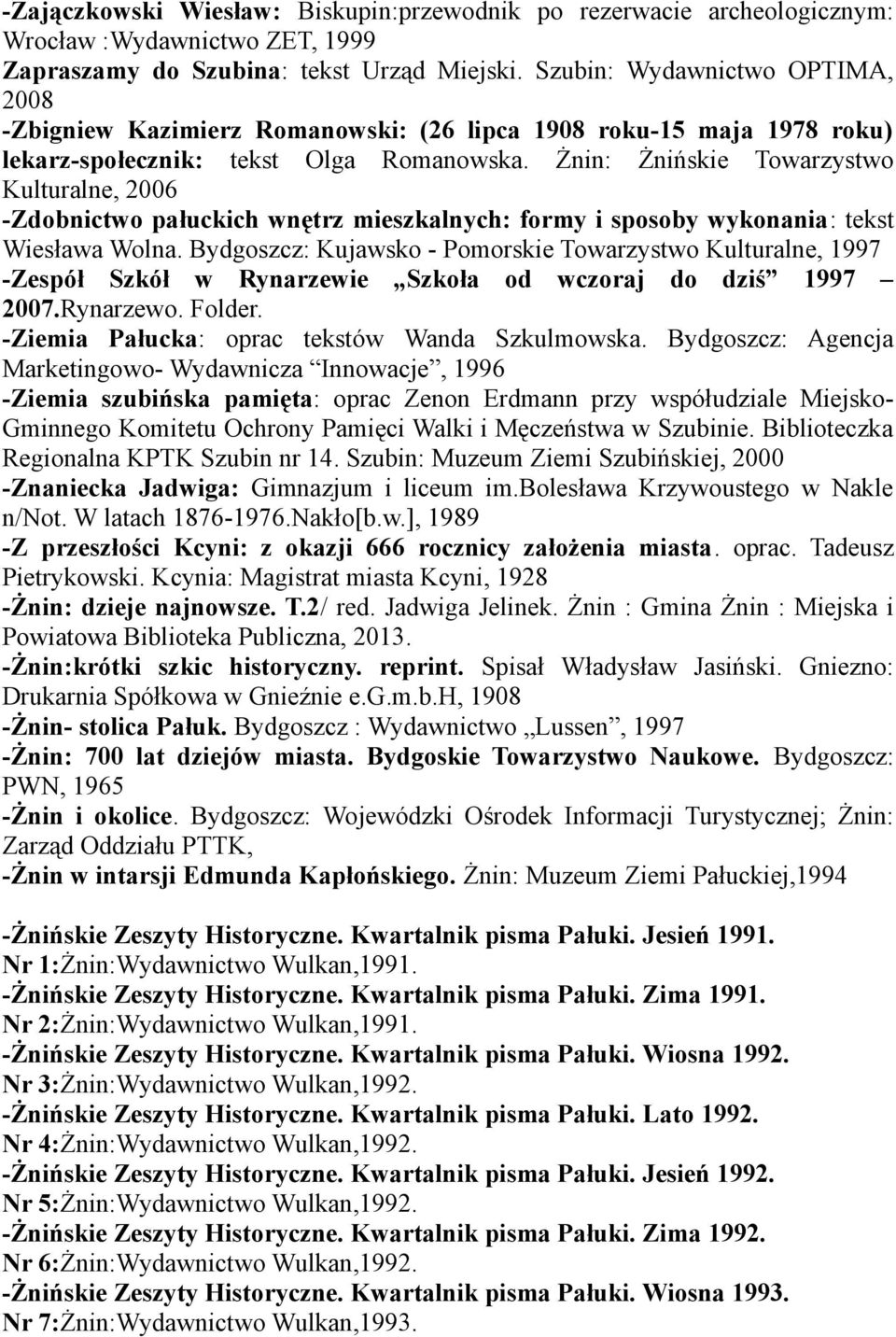 Żnin: Żnińskie Towarzystwo Kulturalne, 2006 -Zdobnictwo pałuckich wnętrz mieszkalnych: formy i sposoby wykonania: tekst Wiesława Wolna.