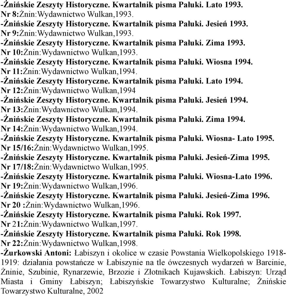 Nr 11:Żnin:Wydawnictwo Wulkan,1994. -Żnińskie Zeszyty Historyczne. Kwartalnik pisma Pałuki. Lato 1994. Nr 12:Żnin:Wydawnictwo Wulkan,1994 -Żnińskie Zeszyty Historyczne. Kwartalnik pisma Pałuki. Jesień 1994.