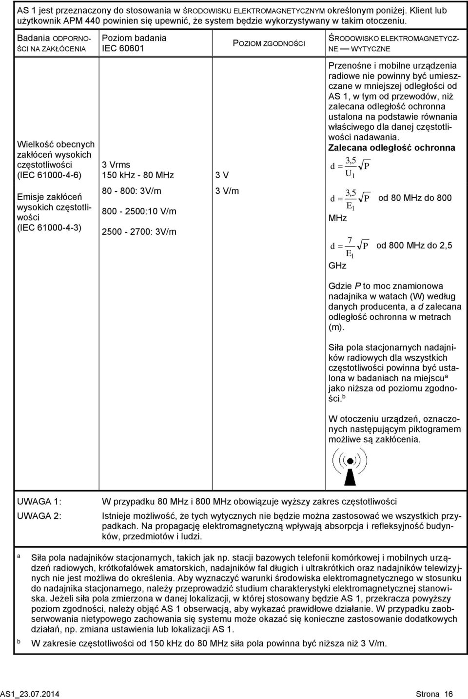 80 MHz 3 V 80-800: 3V/m 800-2500:10 V/m 2500-2700: 3V/m 3 V/m POZIOM ZGODNOŚCI ŚRODOWISKO ELEKTROMAGNETYCZ- NE WYTYCZNE Przenośne i mobilne urządzenia radiowe nie powinny być umieszczane w mniejszej