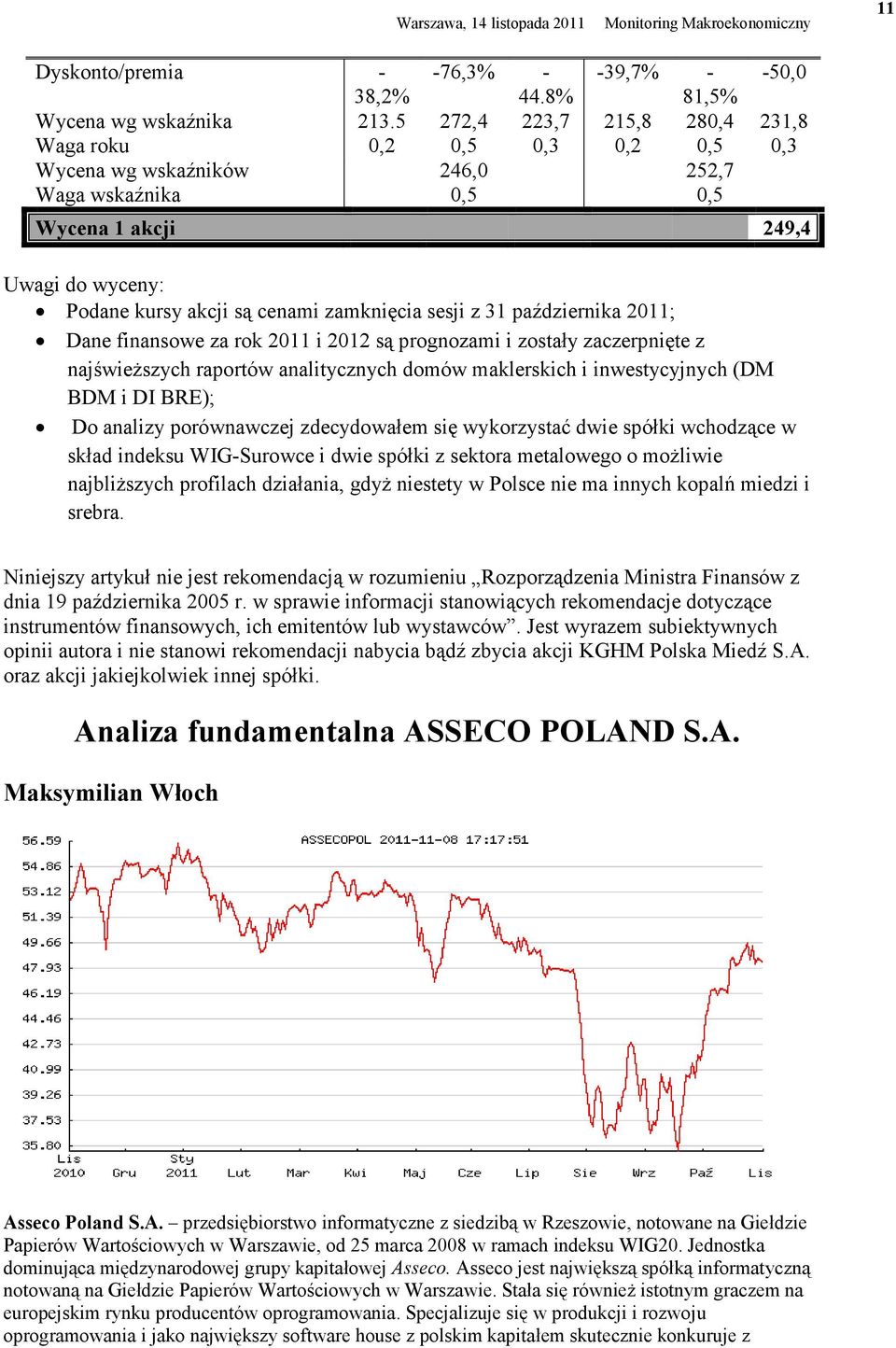 sesji z 31 października 2011; Dane finansowe za rok 2011 i 2012 są prognozami i zostały zaczerpnięte z najświeższych raportów analitycznych domów maklerskich i inwestycyjnych (DM BDM i DI BRE); Do