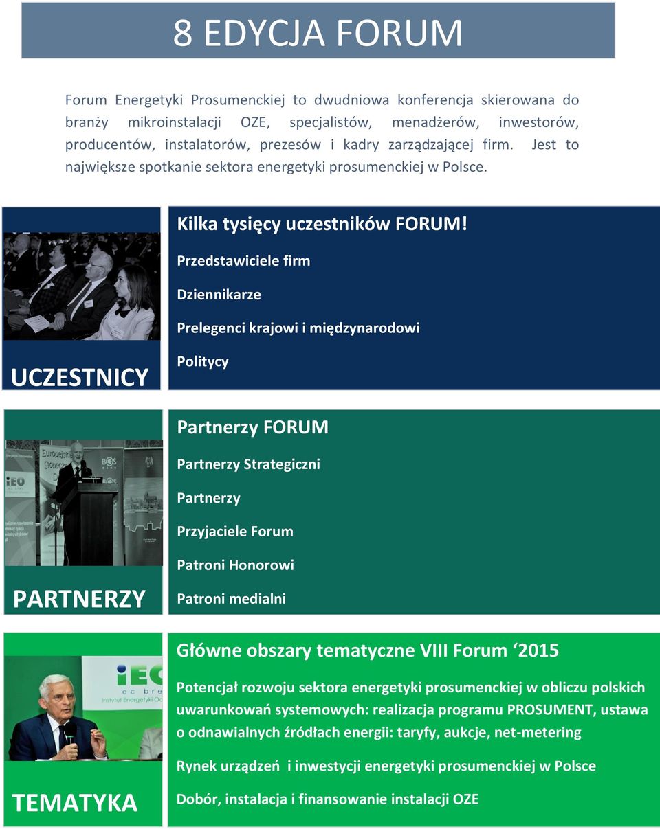 Przedstawiciele firm Dziennikarze Prelegenci krajowi i międzynarodowi UCZESTNICY Politycy Partnerzy FORUM Partnerzy Strategiczni Partnerzy Przyjaciele Forum PARTNERZY Patroni Honorowi Patroni