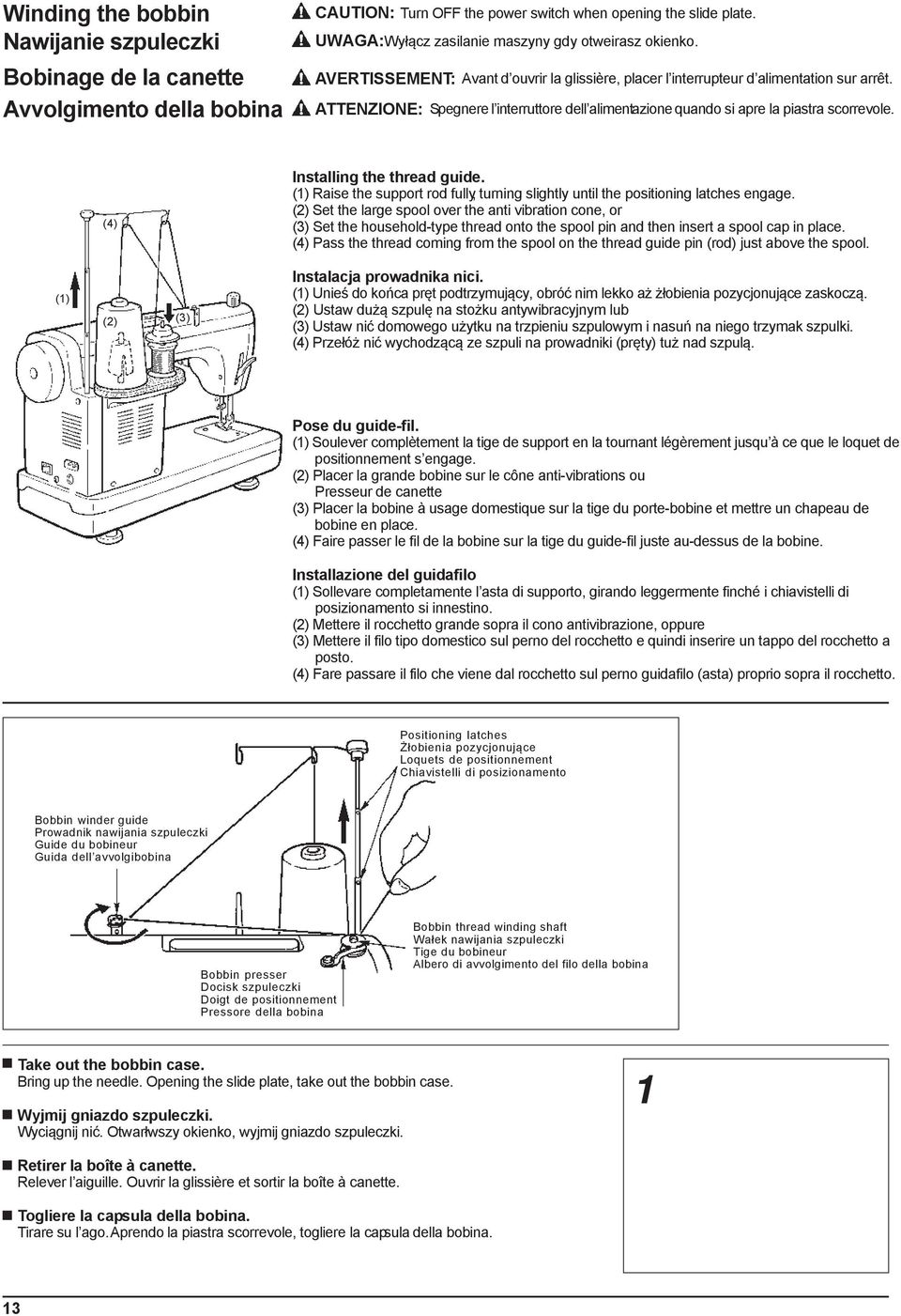 ATTENZIONE: Spegnere l interruttore dell alimentazione quando si apre la piastra scorrevole. (4) Installing the thread guide.