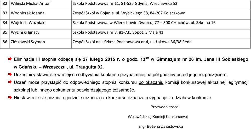 Szkolna 16 85 Wyziński Ignacy Szkoła Podstawowa nr 8, 81-735 Sopot, 3 Maja 41 86 Ziółkowski Szymon Zespół Szkół nr 1 Szkoła Podstawowa nr 4, ul.