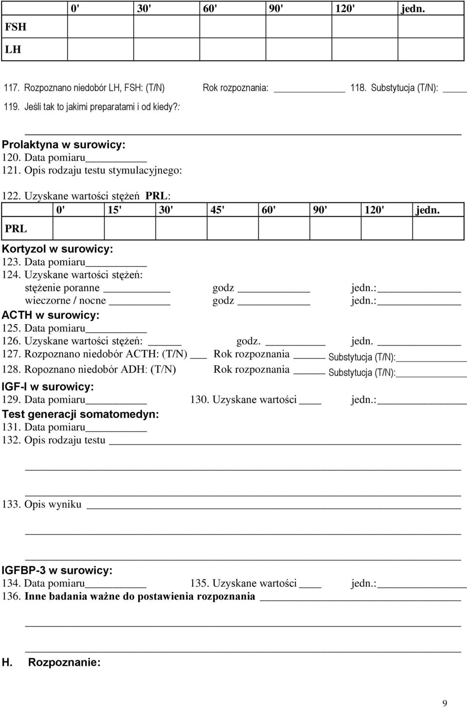 Uzyskane wartości stężeń: stężenie poranne godz jedn.: wieczorne / nocne godz jedn.: ACTH w surowicy: 125. Data pomiaru 126. Uzyskane wartości stężeń: godz. jedn. 127.