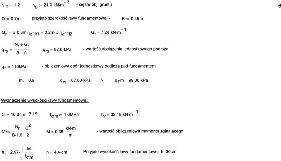 6 kpa - wartość obciążenia jednostkowego podłoża q f := 0kPa - obliczeniowy opór jednostkowy podłoża pod fundaente := 0.9 q rs = 87.