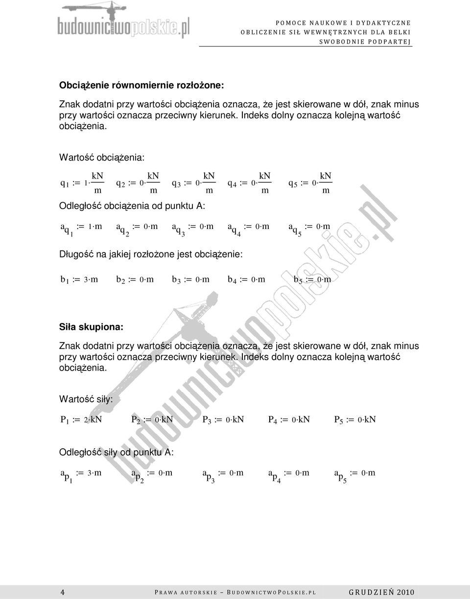 obciążeie: b 1 := 3 m b 2 b 3 b 4 b 5 Siła skupioa: Zak dodati przy wartości obciążeia ozacza, że jest skierowae w dół, zak mius przy wartości ozacza przeciwy kieruek.