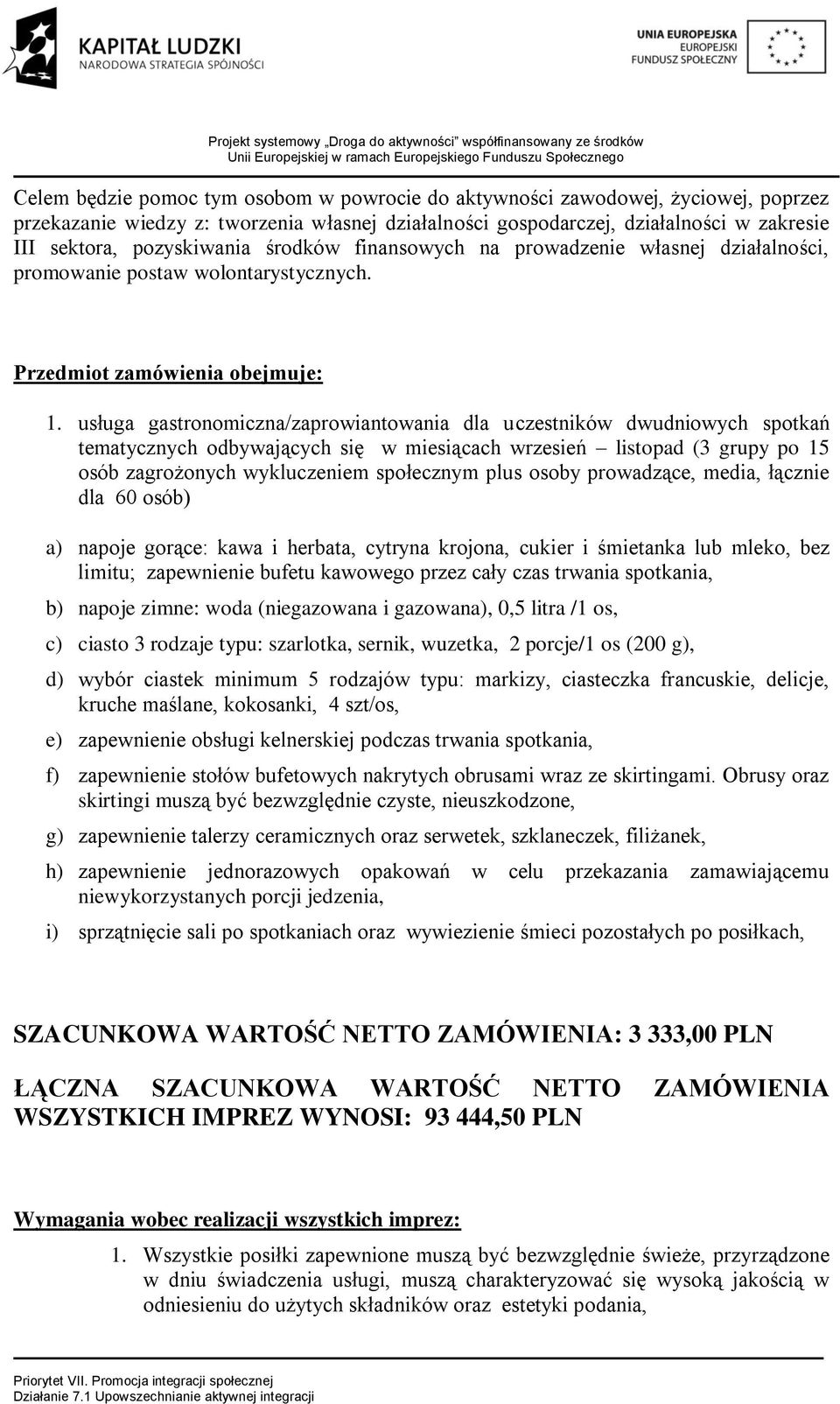 usługa gastronomiczna/zaprowiantowania dla uczestników dwudniowych spotkań tematycznych odbywających się w miesiącach wrzesień listopad (3 grupy po 15 osób zagrożonych wykluczeniem społecznym plus