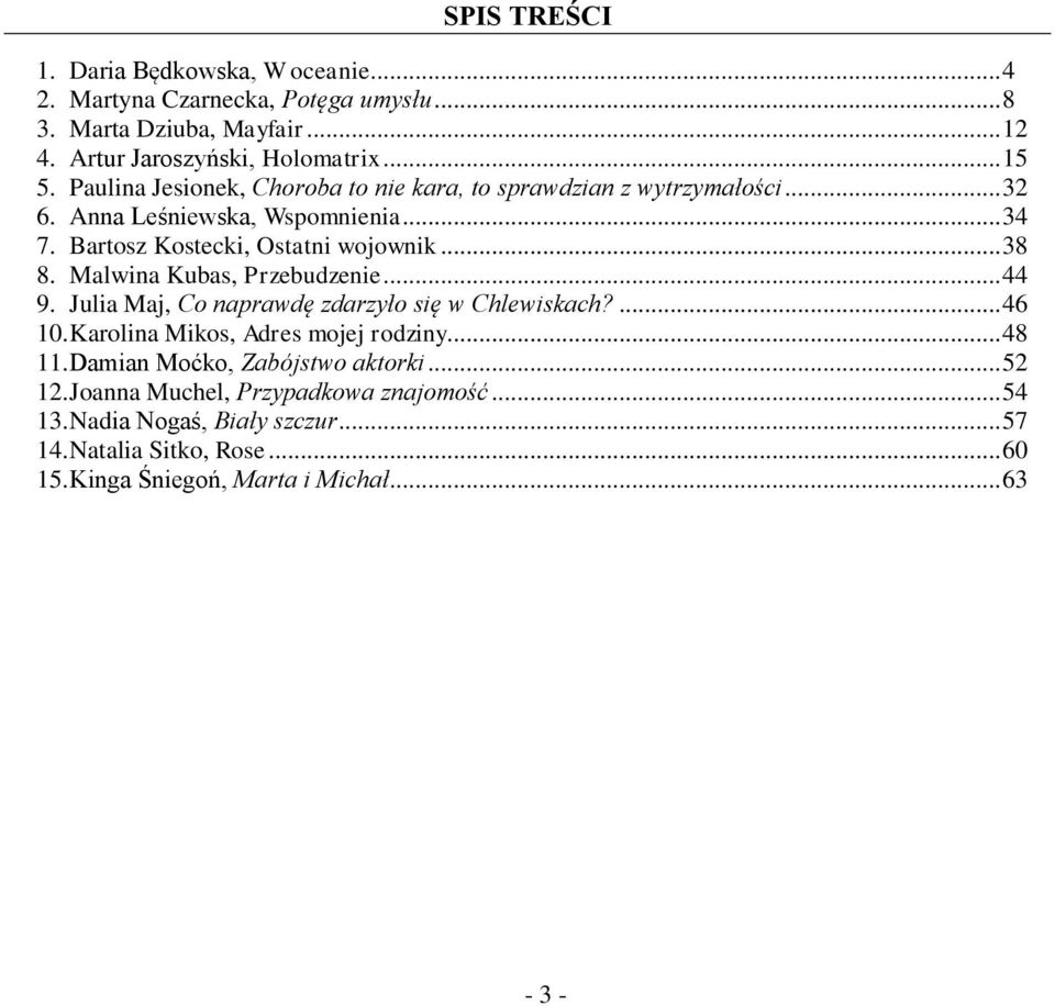 Malwina Kubas, Przebudzenie... 44 9. Julia Maj, Co naprawdę zdarzyło się w Chlewiskach?... 46 10. Karolina Mikos, Adres mojej rodziny... 48 11.