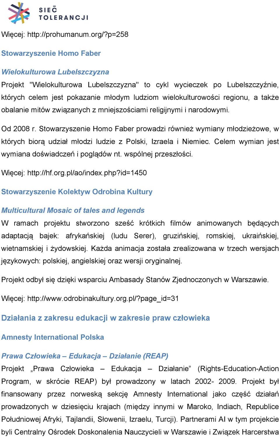 regionu, a także obalanie mitów związanych z mniejszościami religijnymi i narodowymi. Od 2008 r.