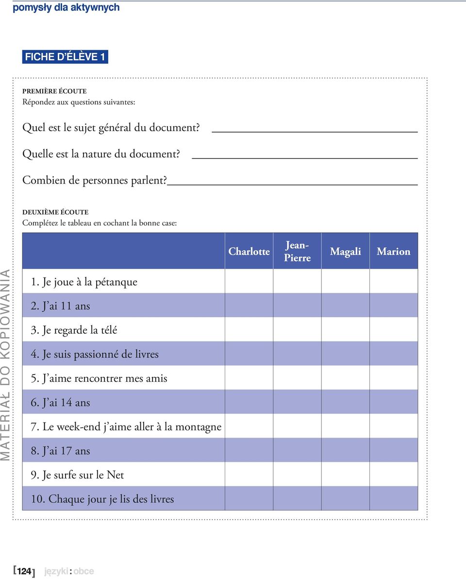 deuxième écoute Complétez le tableau en cochant la bonne case: Charlotte Jean- Pierre Magali Marion 1. Je joue à la pétanque 2.