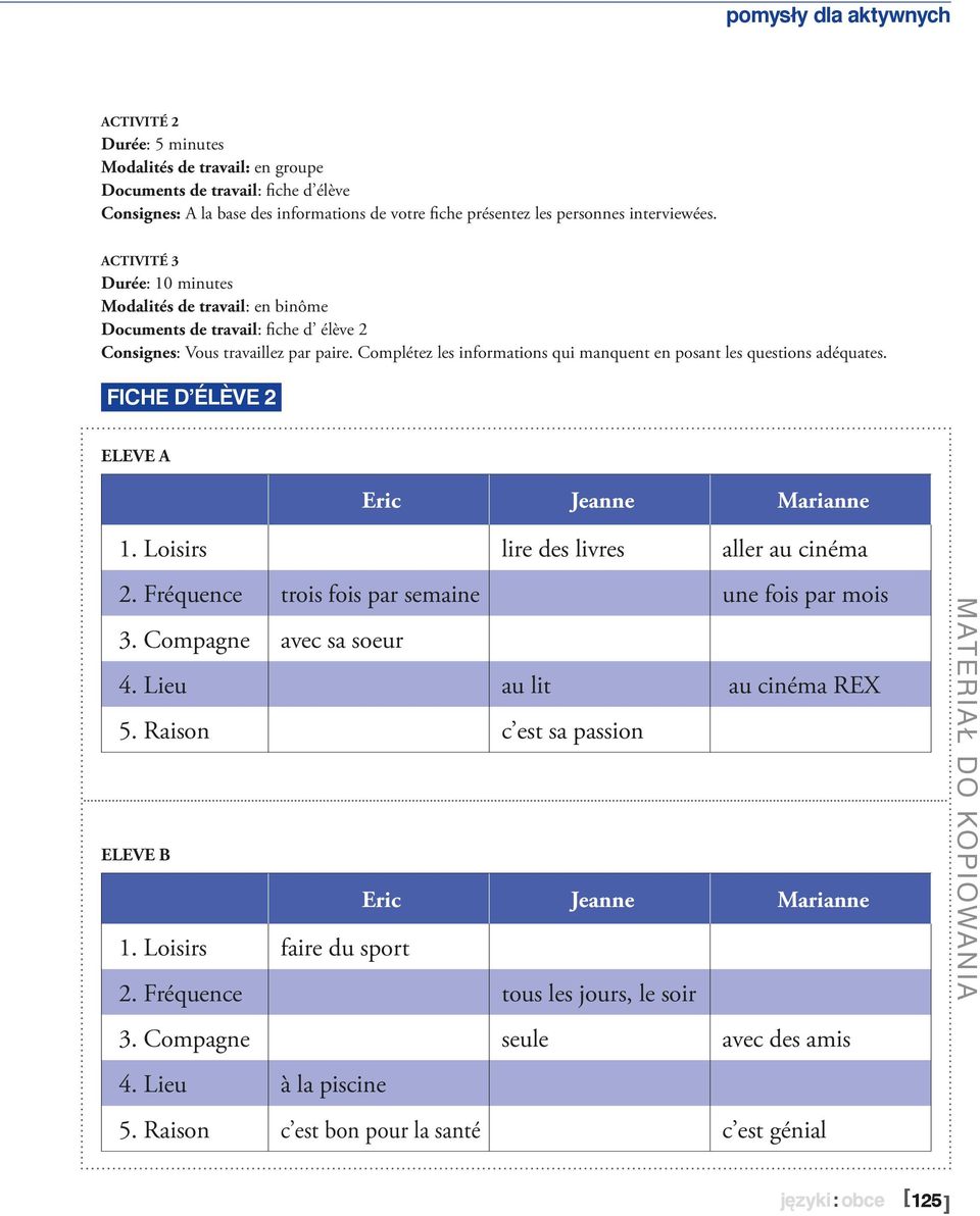 Complétez les informations qui manquent en posant les questions adéquates. Fiche d élève 2 ELEVE A 1. Loisirs lire des livres aller au cinéma 2.