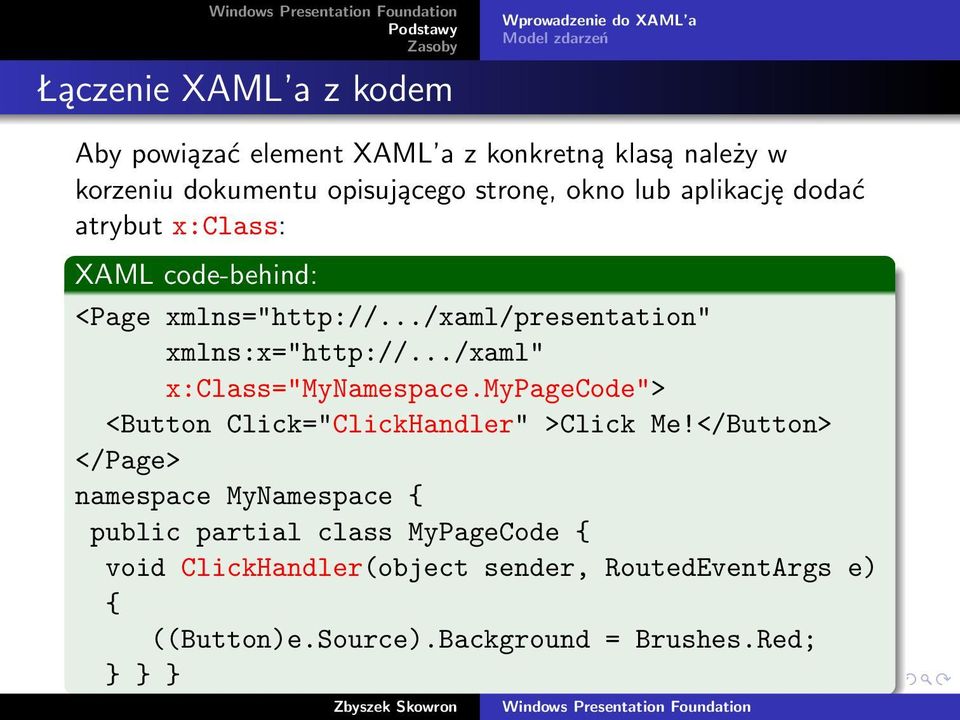 ../xaml/presentation" xmlns:x="http://.../xaml" x:class="mynamespace.mypagecode"> <Button Click="ClickHandler" >Click Me!