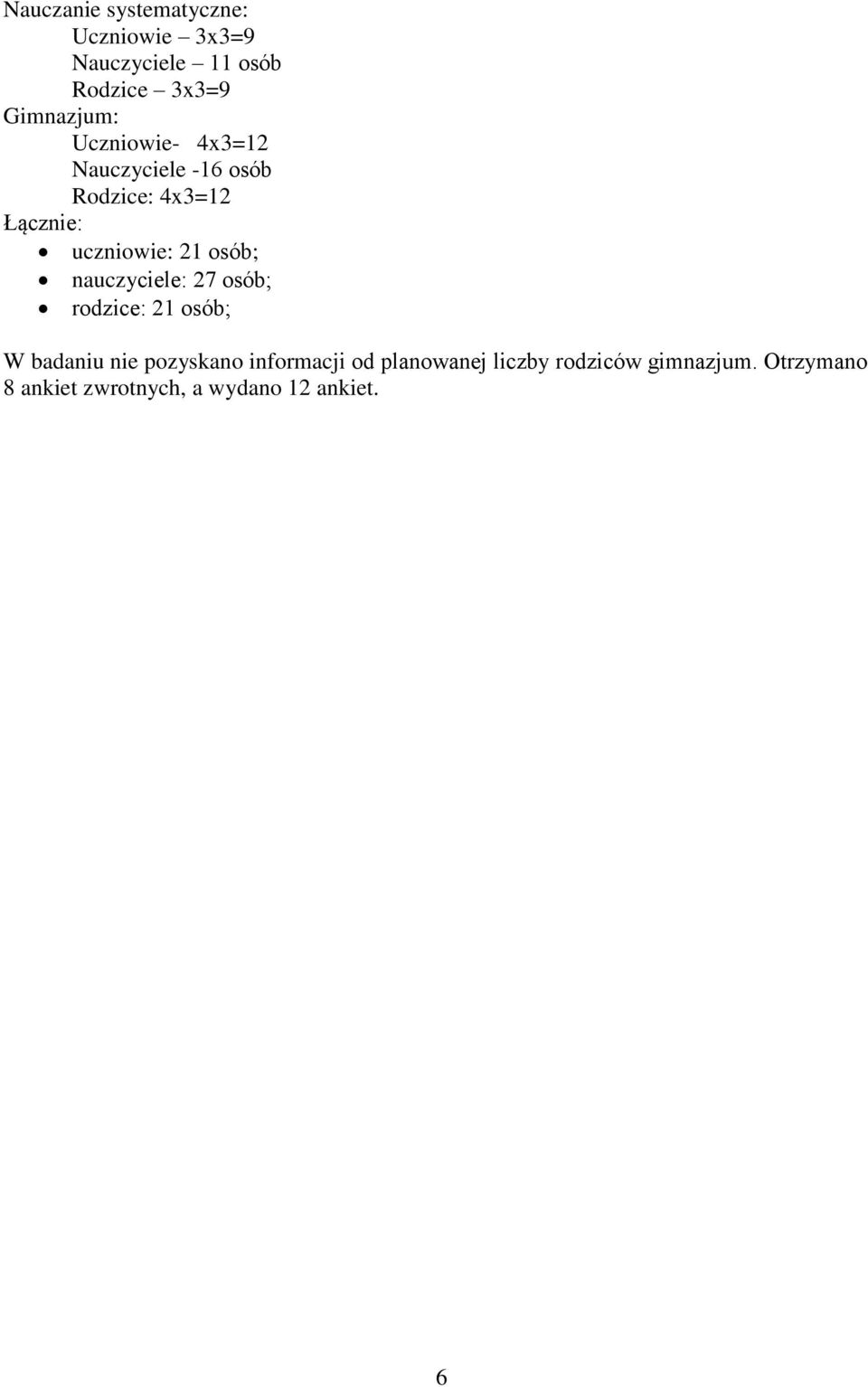 uczniowie: 21 osób; nauczyciele: 27 osób; rodzice: 21 osób; W badaniu nie pozyskano