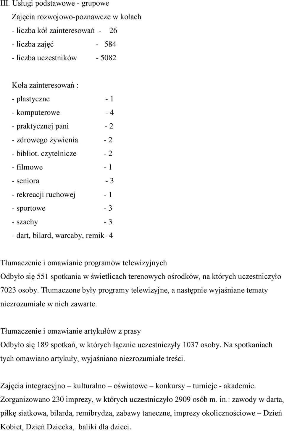 czytelnicze - 2 - filmowe - 1 - seniora - 3 - rekreacji ruchowej - 1 - sportowe - 3 - szachy - 3 - dart, bilard, warcaby, remik- 4 Tłumaczenie i omawianie programów telewizyjnych Odbyło się 551