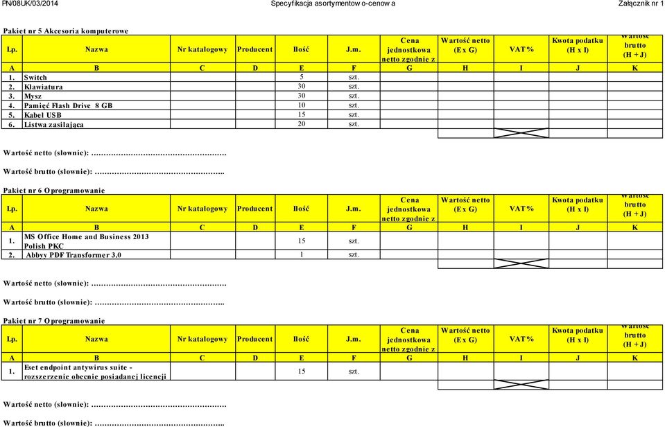 Warto brutto (s ownie):.. Pakiet nr 6 Oprogramowanie Lp. Nazwa Nr katalogowy Producent Ilo J.m. Cena jednostkowa netto zgodnie z Warto netto (E x G) VAT % Kwota podatku (H x I) A B C D E F G H I J K 1.