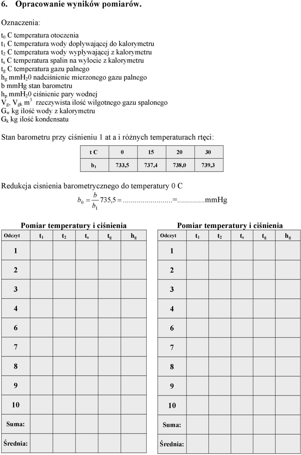 temperatura gazu palnego h g mmh 2 0 nadciśnienie mierzonego gazu palnego b mmhg stan barometru h p mmh 2 0 ciśnienie pary wodnej V g, V gk m rzeczywista ilość wilgotnego gazu spalonego G w kg ilość