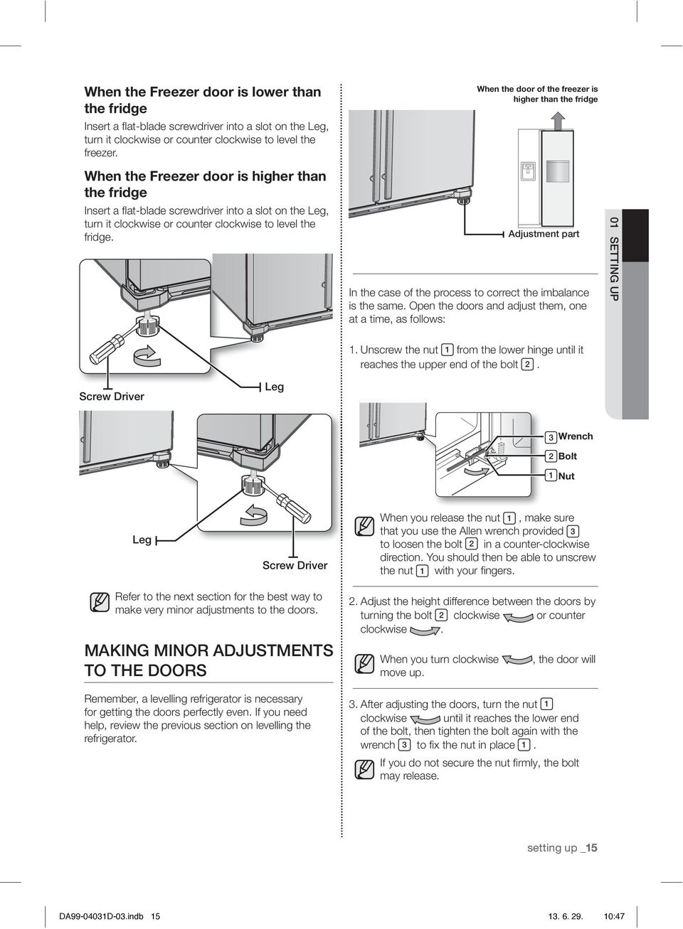 When the door of the freezer is higher than the fridge Adjustment part In the case of the process to correct the imbalance is the same.