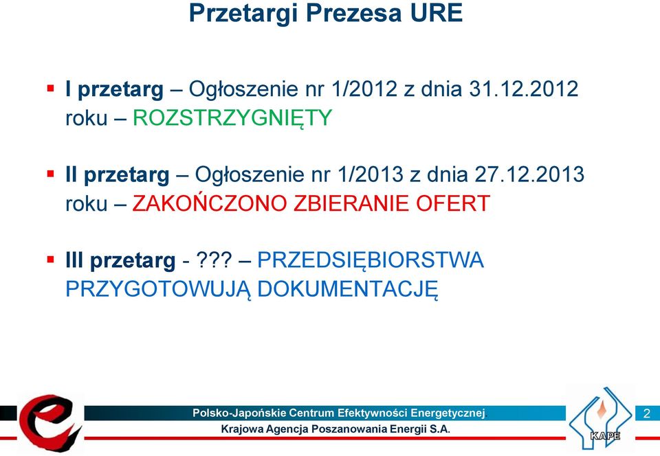 2012 roku ROZSTRZYGNIĘTY II przetarg Ogłoszenie nr 1/2013 z dnia 27.12.2013 roku ZAKOŃCZONO ZBIERANIE OFERT III przetarg -?