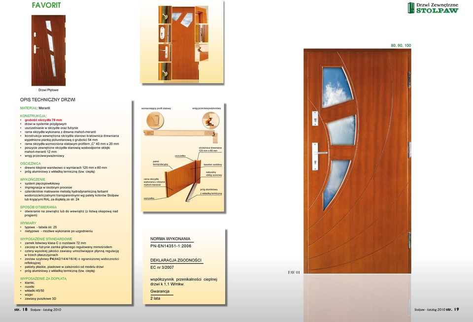 wzmocniona stalowym profilem C 40 mm x 20 mm poszycie zewnętrzne skrzydła stanowią wodoodporne sklejki mahoń-meranti 12 mm wręg przeciwwyważeniowy uszczelka ościeżnica drewniana 125 mm x 60 mm