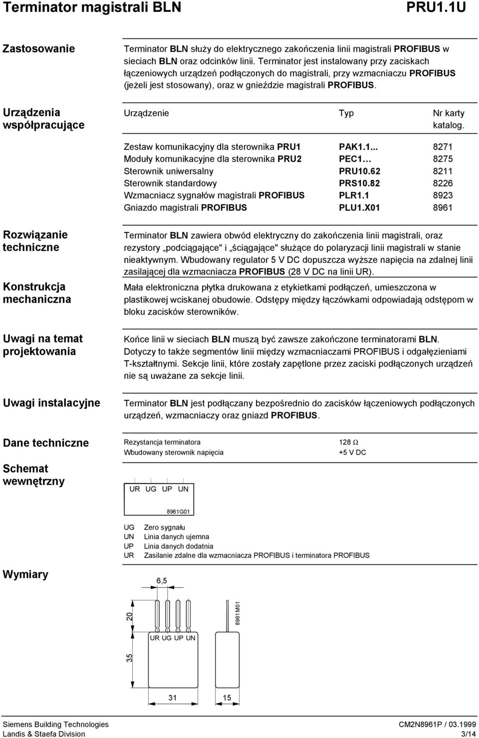 Zestaw komunikacyjny dla sterownika PRU PAK... Moduły komunikacyjne dla sterownika PRU PEC Sterownik uniwersalny PRU0.6 Sterownik standardowy PRS0. 6 Wzmacniacz sygnałów magistrali PROFIBUS PLR.