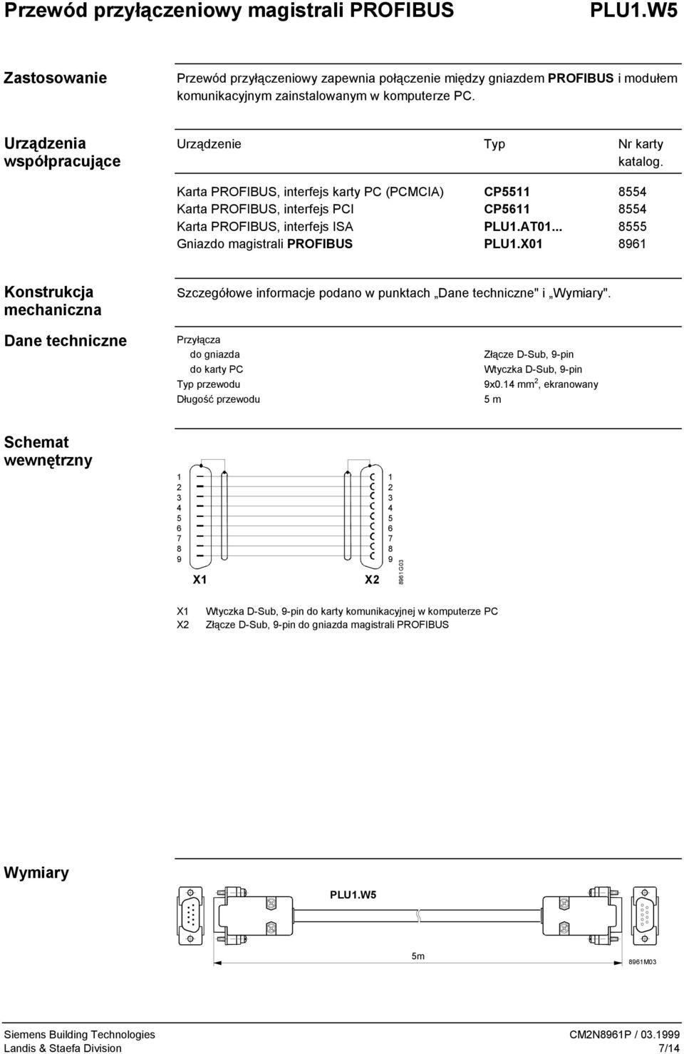 X0 96 Szczegółowe informacje podano w punktach " i ". Przyłącza do gniazda do karty PC Typ przewodu Długość przewodu Złącze D-Sub, 9-pin Wtyczka D-Sub, 9-pin 9x0.