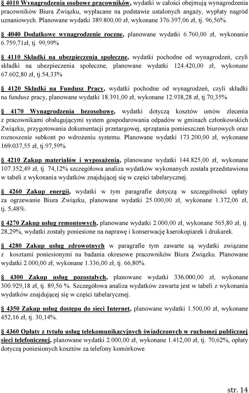 99,99% 4110 Składki na ubezpieczenia społeczne, wydatki pochodne od wynagrodzeń, czyli składki na ubezpieczenia społeczne, planowane wydatki 124.420,00 zł, wykonane 67.602,80 zł, tj.