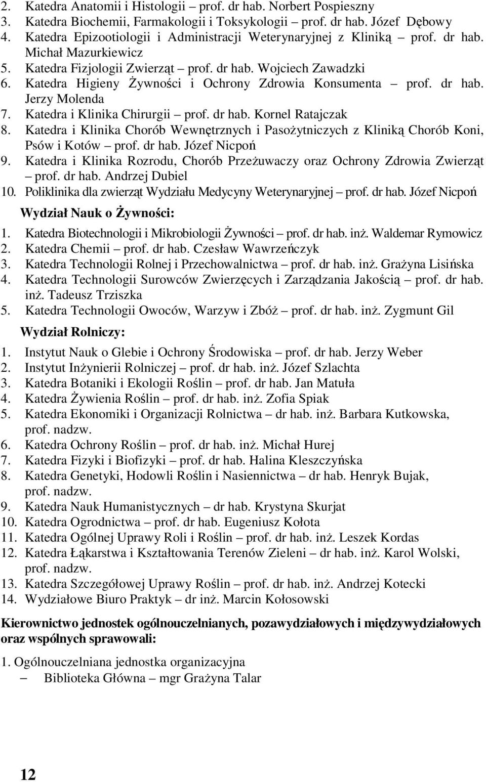 Katedra Higieny Żywności i Ochrony Zdrowia Konsumenta prof. dr hab. Jerzy Molenda 7. Katedra i Klinika Chirurgii prof. dr hab. Kornel Ratajczak 8.