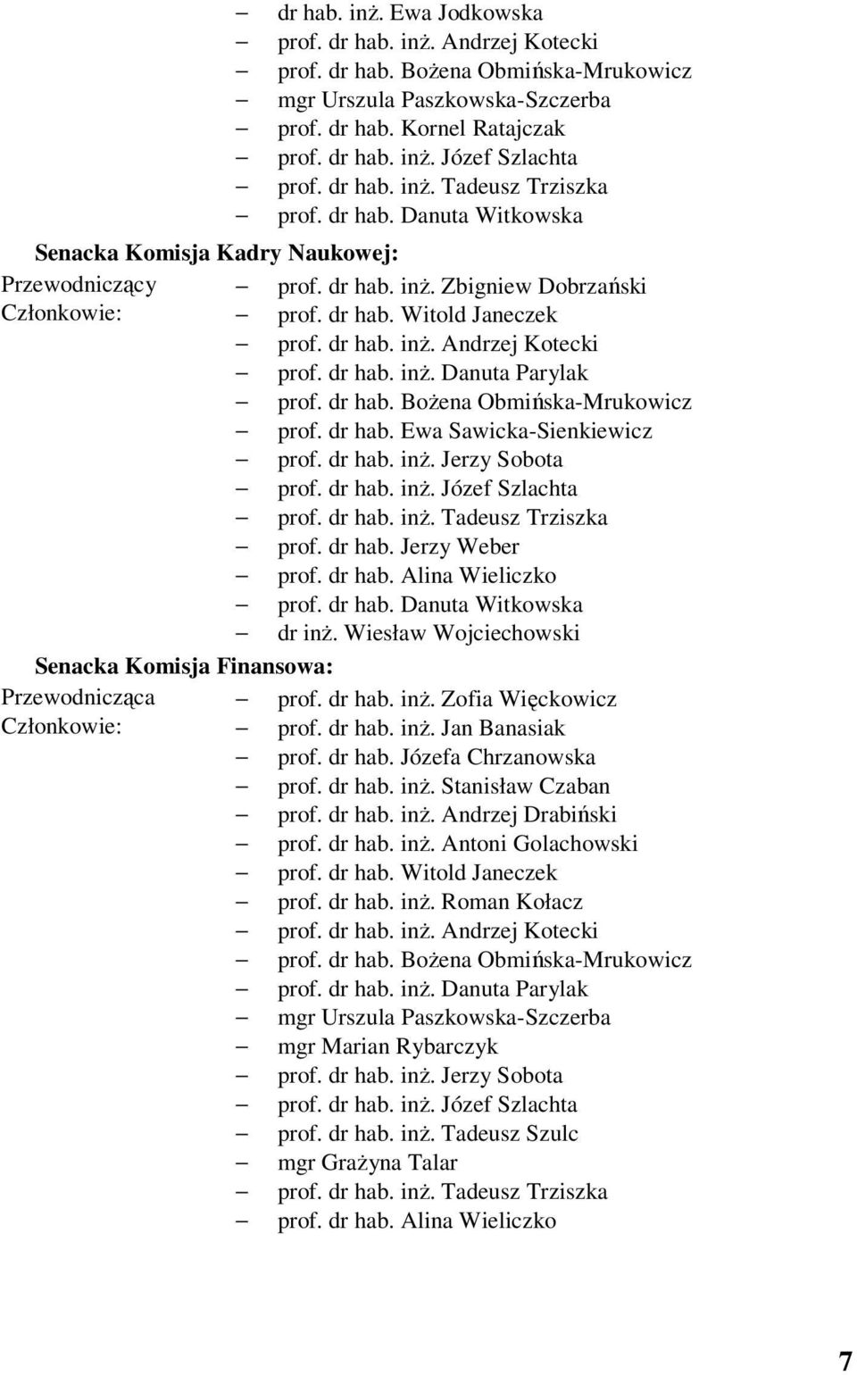 dr hab. inż. Andrzej Kotecki prof. dr hab. inż. Danuta Parylak prof. dr hab. Bożena Obmińska-Mrukowicz prof. dr hab. Ewa Sawicka-Sienkiewicz prof. dr hab. inż. Jerzy Sobota prof. dr hab. inż. Józef Szlachta prof.